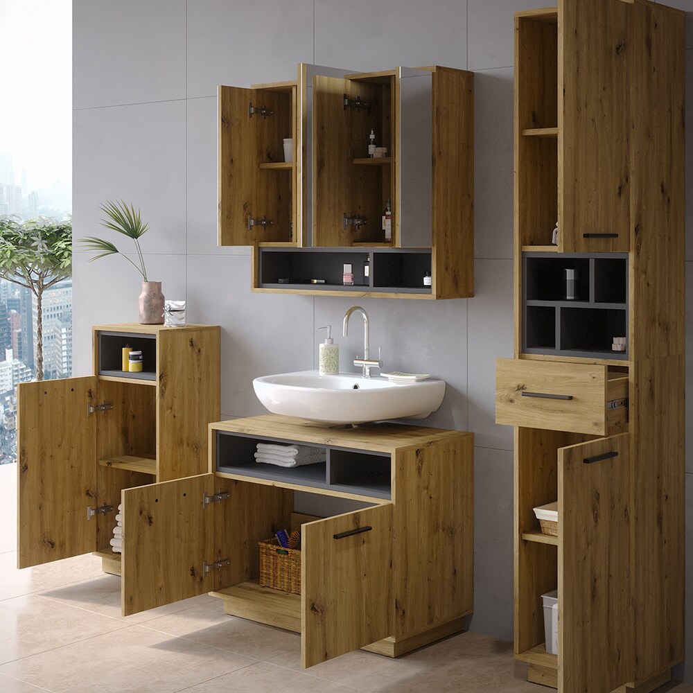 Vicco Badmöbel-Set Badezimmer-Möbel Bad-Schrank Beatrice Eiche Anthrazit modern Badezimmerschrank Waschtischunterschrank Spiegelschrank Midischrank Hochschrank Schranktür Schrankfach