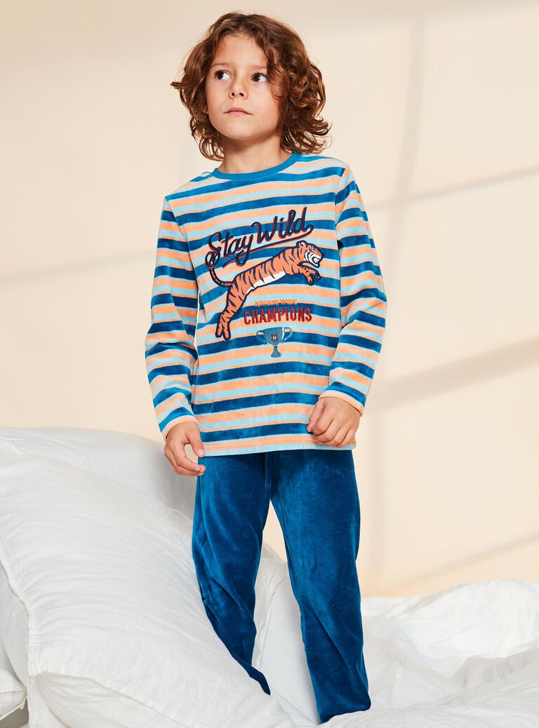 Ensemble pyjama bleu foncé en velours à rayures avec tigre