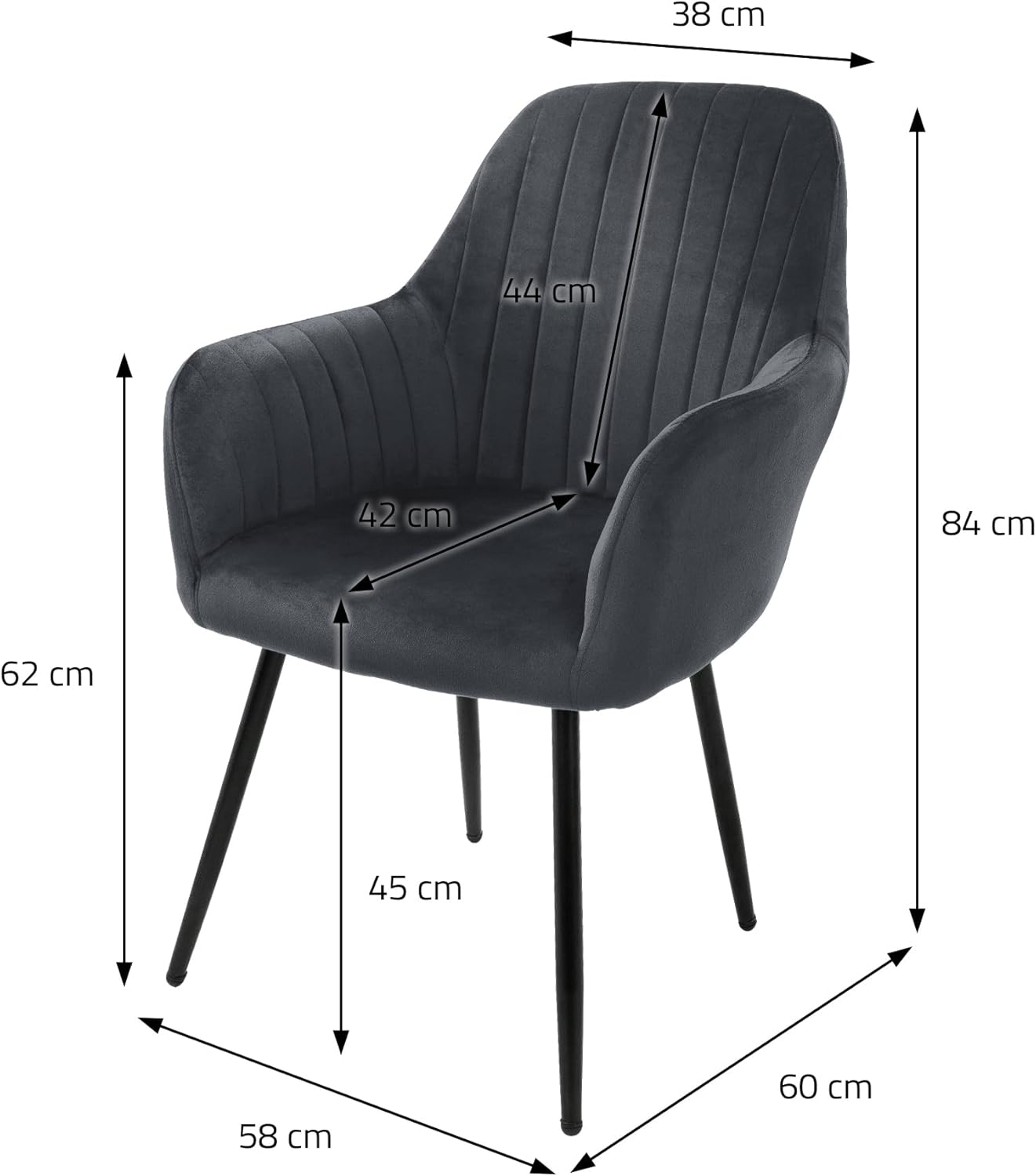 ML-Design 2er Set Esszimmerstühle mit Rücken- und Armlehnen, Grau, Küchenstühle mit Samtbezug, Polsterstühle mit Metallbeinen, Ergonomische Stühle für Esstisch, Wohnzimmerstühle Esszimmerstuhl
