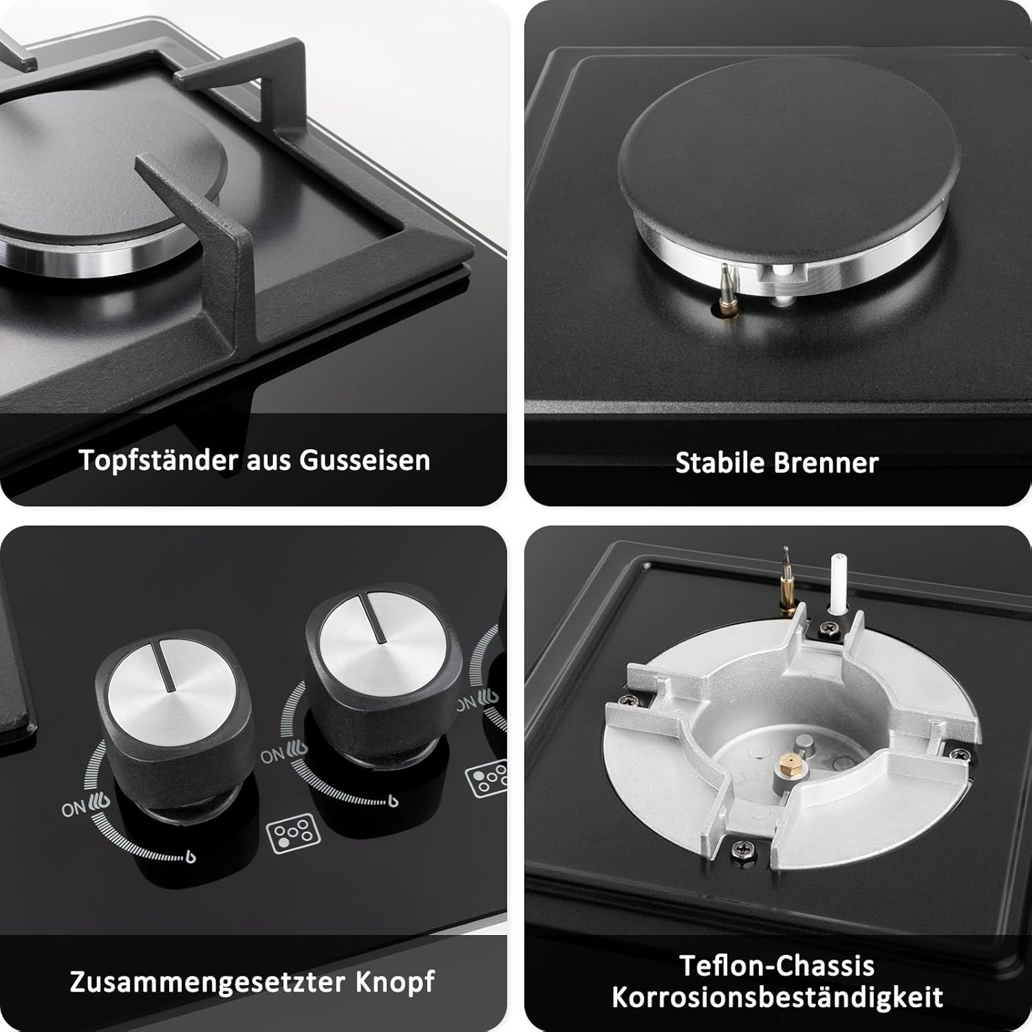Gaskochfeld 5 Flammig, IsEasy Glas Gaskochfeld mit Automatischer Thermoelementschutz, Einbau 5 Zonen Glas Gaskochfeld, Erdgas(20mbr)/Propangas(30/50 mbr), Schwarz Glasherd, 77cm, 10.5KW
