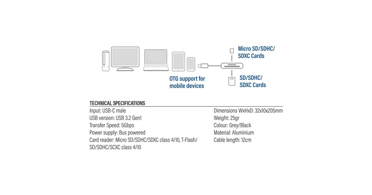 ACT ConnectivityUSB-C kaartlezer voor SD en micro SD, SD 4.0 UHS-II  (Aluminium)