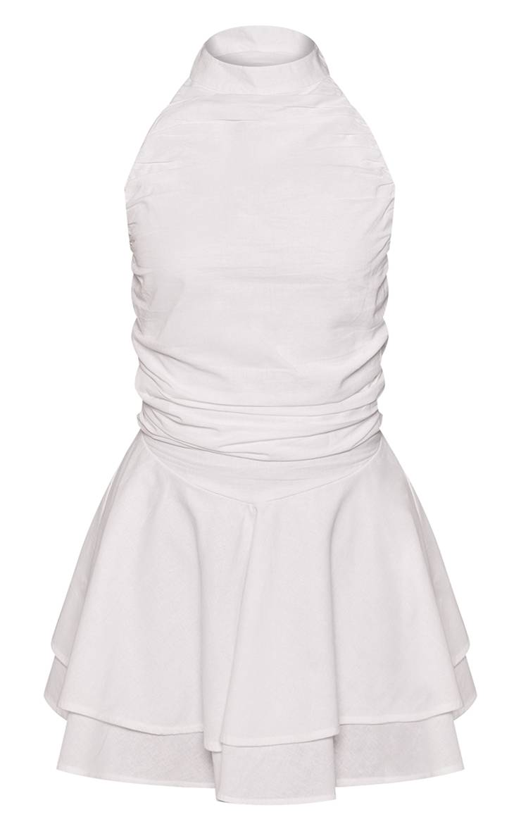 Blanc Robe Courte Petite À Col Licou En Lin Avec Ourlet Fluide