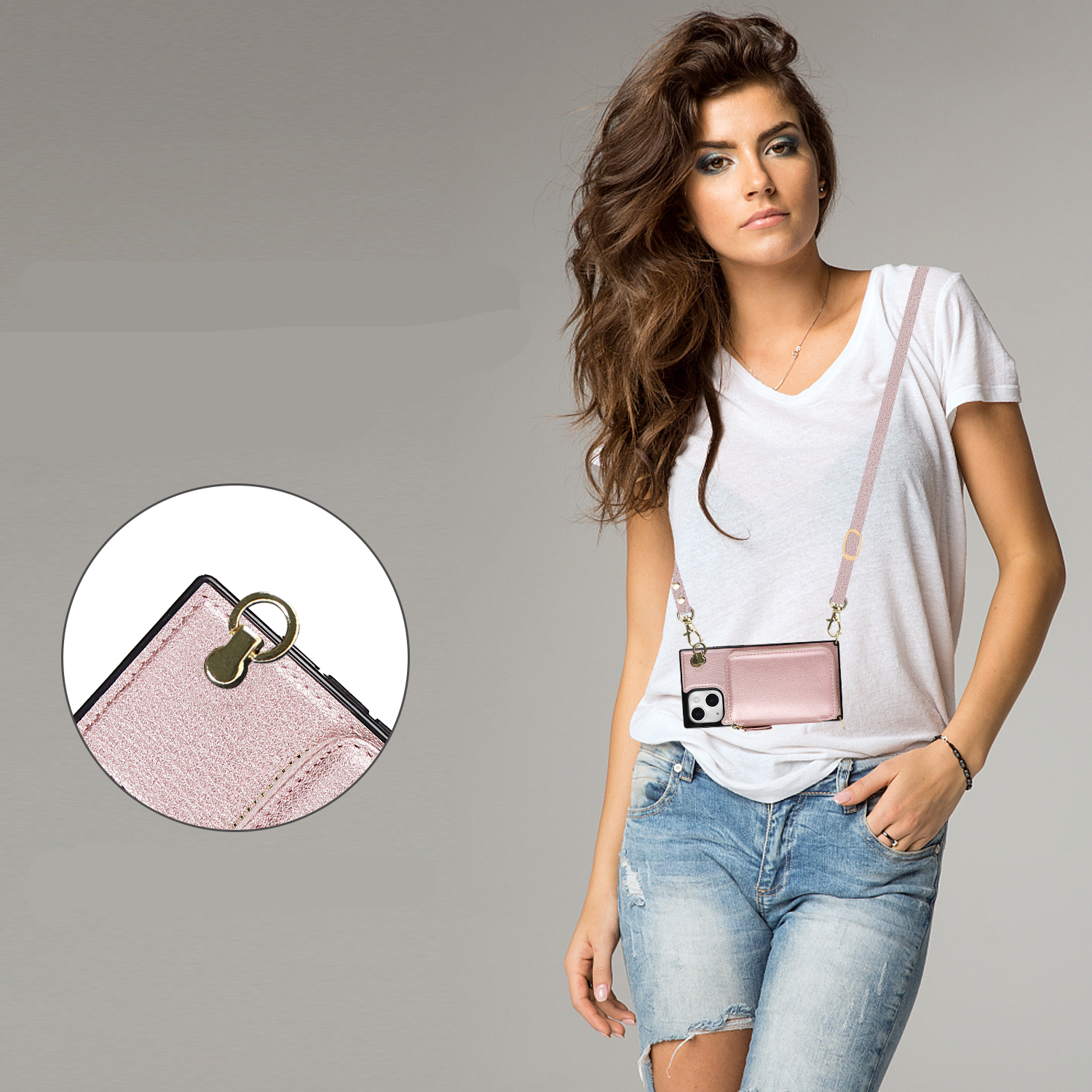 iPhone 13 Necklace Leder Schutz Hülle mit Kartenfächer   Handykette (140cm) - Roségold