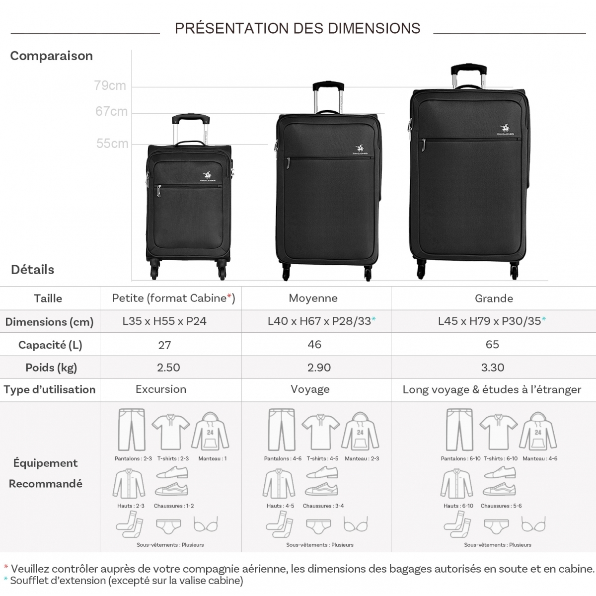 David Jones Lot de 3 valises souples extensibles dont 1 cabine David Jones
