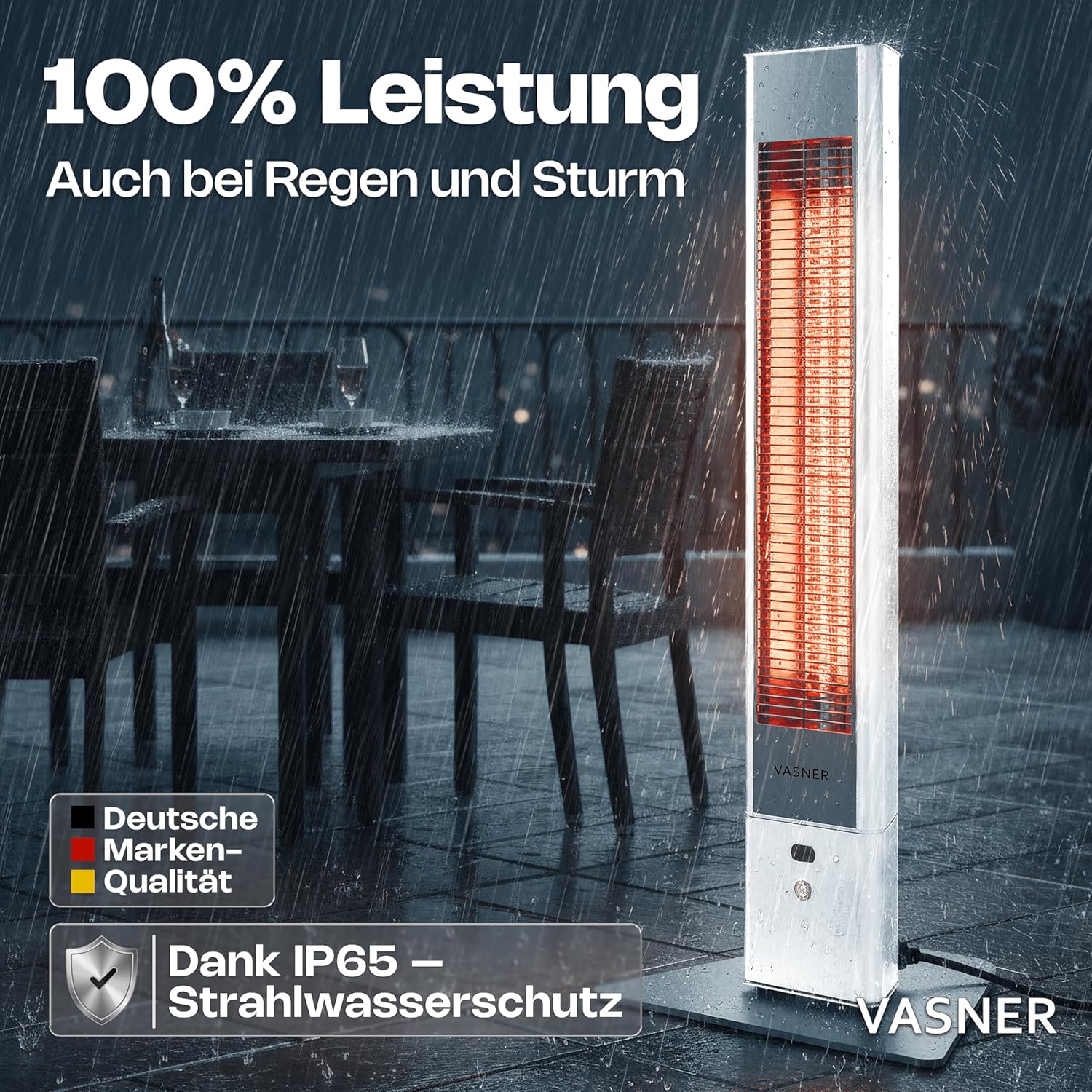 VASNER HeatTower weiß + AirCape schwarz – Infrarot Standheizstrahler 2500 Watt mit Abdeckhaube, Heizstrahler Terrasse, 4 Heizstufen, Fernbedienung, Terrassenstrahler elektrisch, IP65 Outdoor Schutz