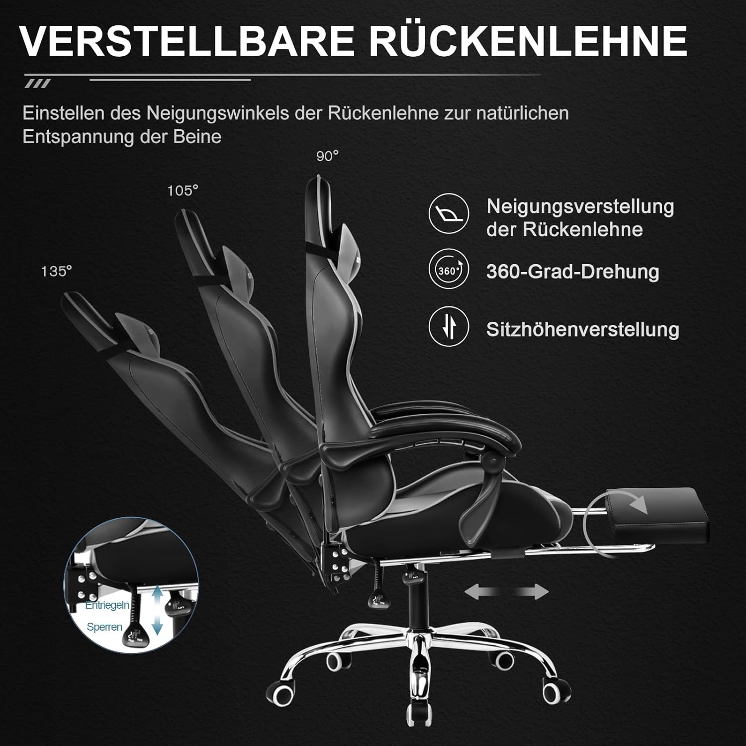 GTPLAYER Gaming Stuhl Bürostuhl Massage Gaming Sessel Ergonomischer Gamer Stuhl mit Fußstütze, Kopfstütze Massage-Lendenkissen, Gepolstert Gaming Chair, Drehsessel, grau