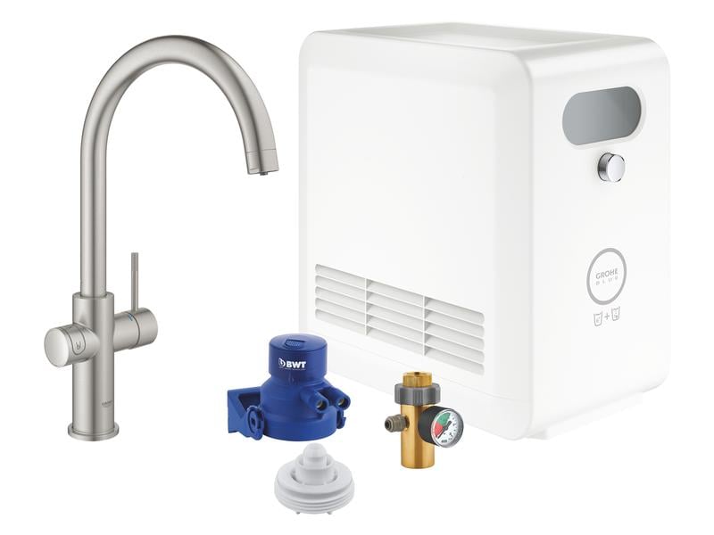 GROHE Küchenarmatur Blue Professional C-Auslauf Set Superst Einhand-Spültischbatterie mit Filterfunktion