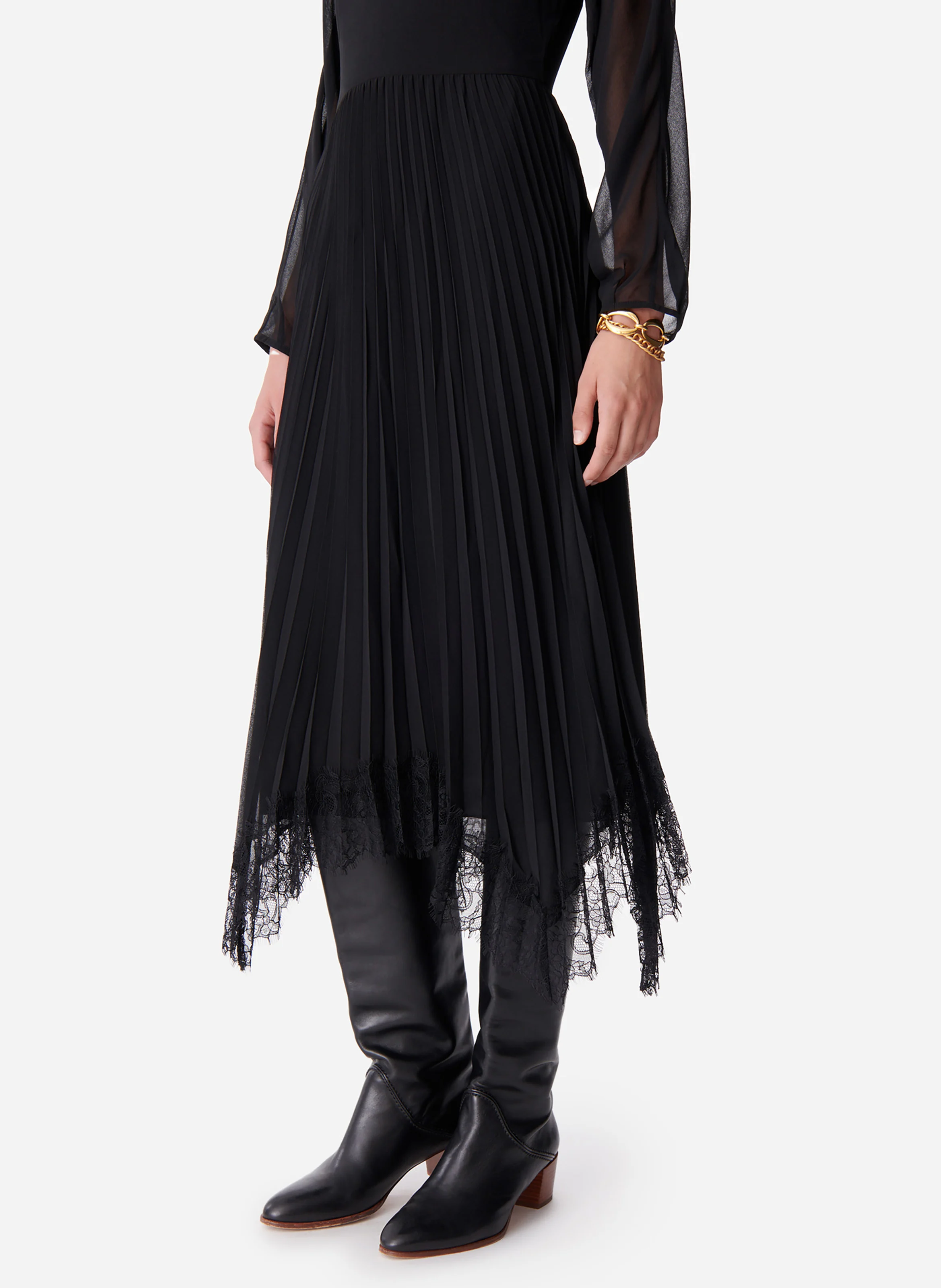 DIAMA - Robe midi plissée à dentelle| Noir