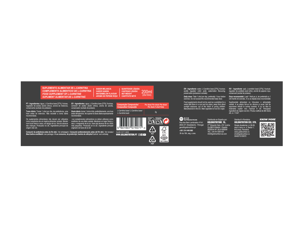 SUPLEMENTO GOLDNUTRITION L-CARTININE 3000 MELANCIA 20UN