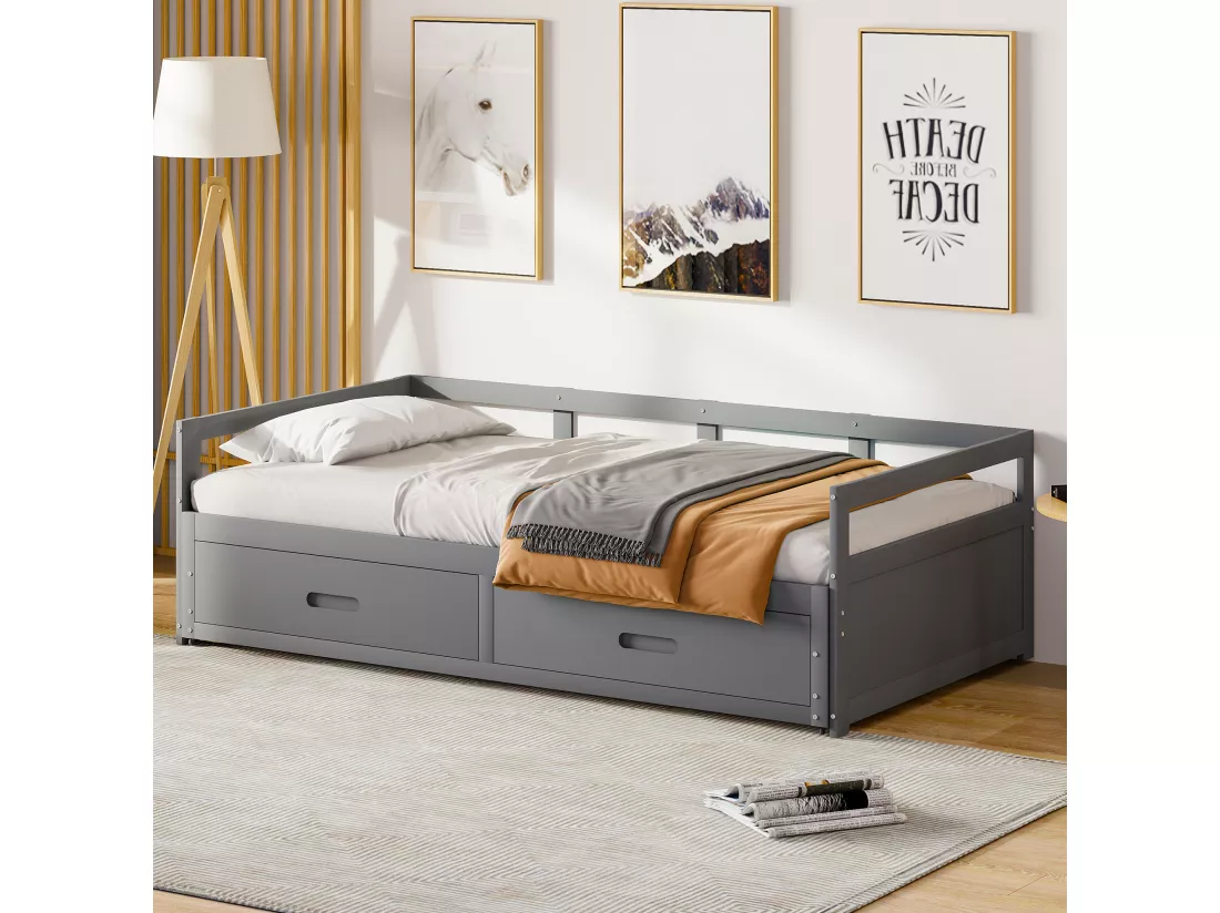 Lit gigogne 90 x 200 cm avec 2 tiroirs - Bois de pin - sommier à lattes - gris