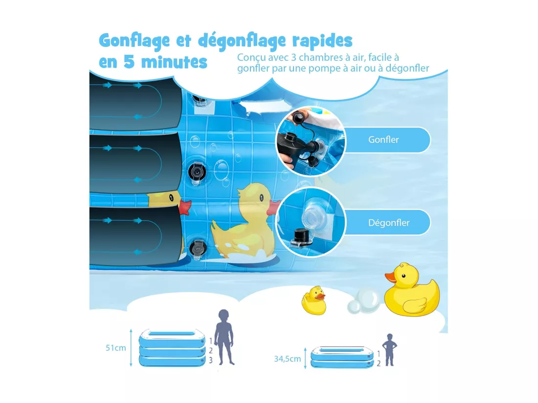 Piscine Gonflable Rectangulaire, Piscine Familiale pour Enfants et Adultes, Piscine Gonflable sur Le Thème du Canard pour Cour, Jardin, à partir de 3 Ans