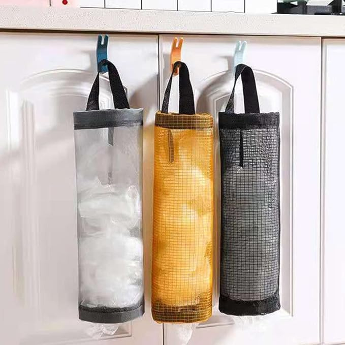 (36cm) Mesh Müllbeutel Hänge Halterung Einkaufs Tüten Sack Spender für Küche / Badezimmer - Grau