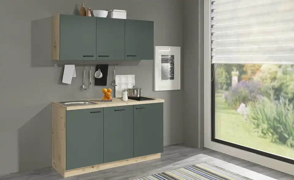 Küchenzeile mit Elektrogeräten Hoom Ausführung rechts Grün, Eiche (Nachbildung)
