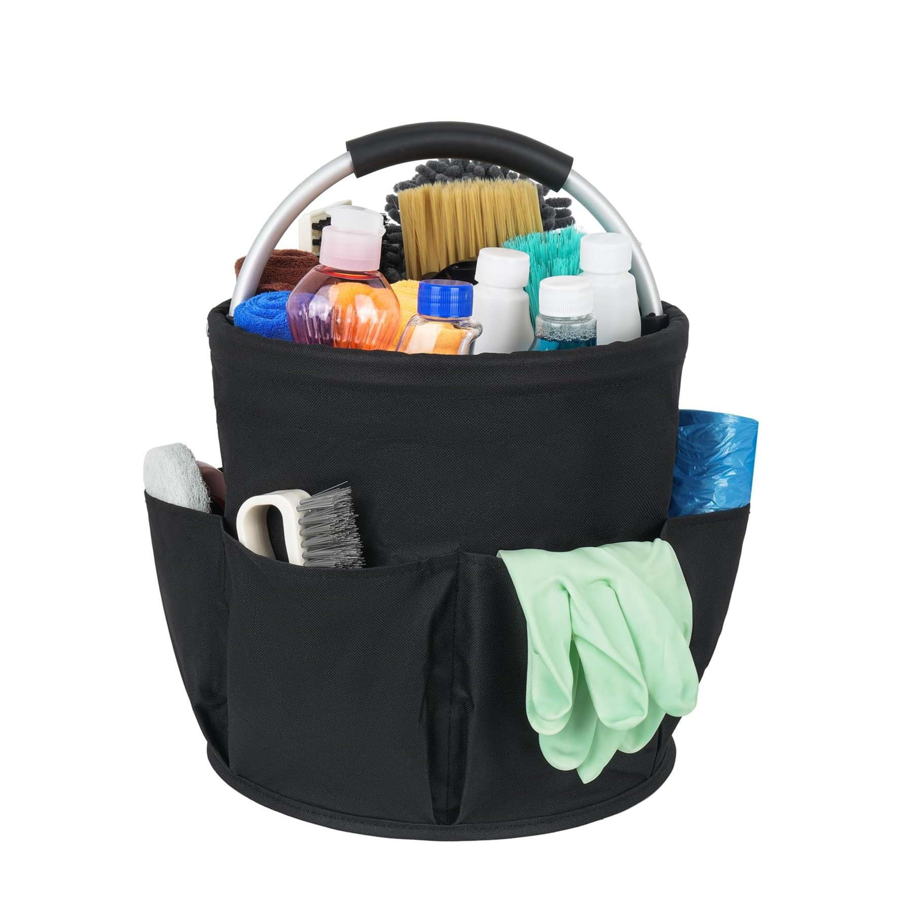 (Ø28x25cm) Faltbarer Reinigungsmittel Organizer Einkaufs Tasche Picknick Korb mit 6 Seitentaschen - Schwarz