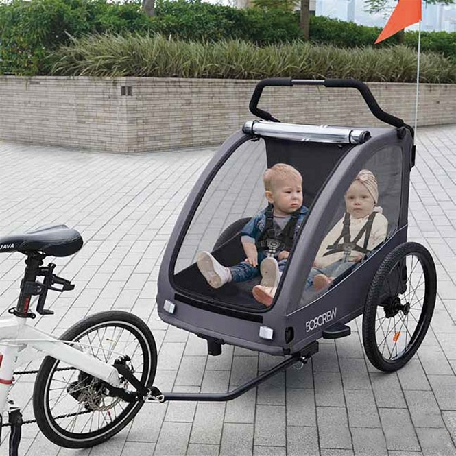 Fahrradanhänger 2in1 - für 2 Kinder - Grau