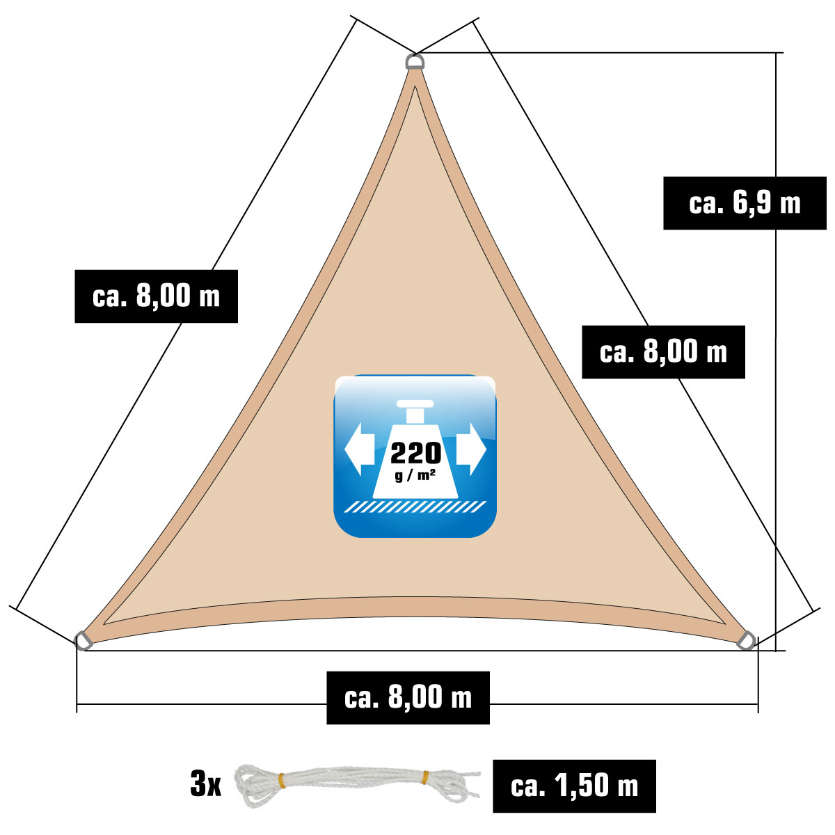 AMANKA 8x8x8m beige HDPE waterdoorlatend schaduwdoek
