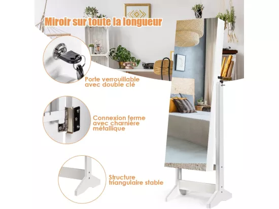 Armoire à bijoux sur pied,doublure et divers espaces de rangement, 41x36,5x146cm blanc