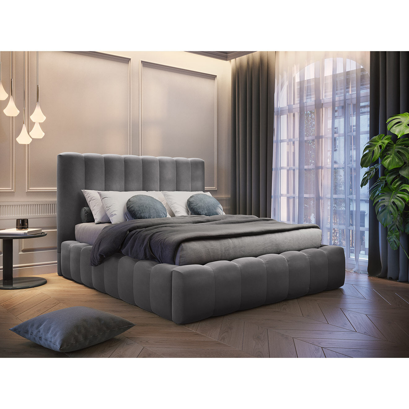 Milo Casa Lit Coffre en Velours avec Tête de Lit Gina gris - 140x200 cm