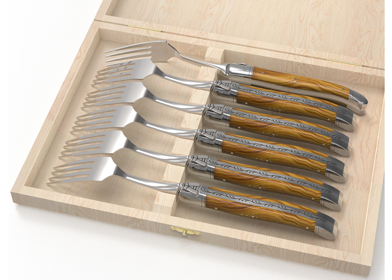 Service de 6 fourchettes Laguiole avec un manche en bois d'olivier et mitres en acier inoxydable