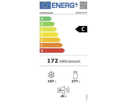 LG GBB92MCACP koel-vriescombinatie, afmetingen (B x H x D): 59,5 x 203 x 67,5 cm, koelgedeelte: 277 l, vriesgedeelte: 107 l, inhoud: 5 flessen