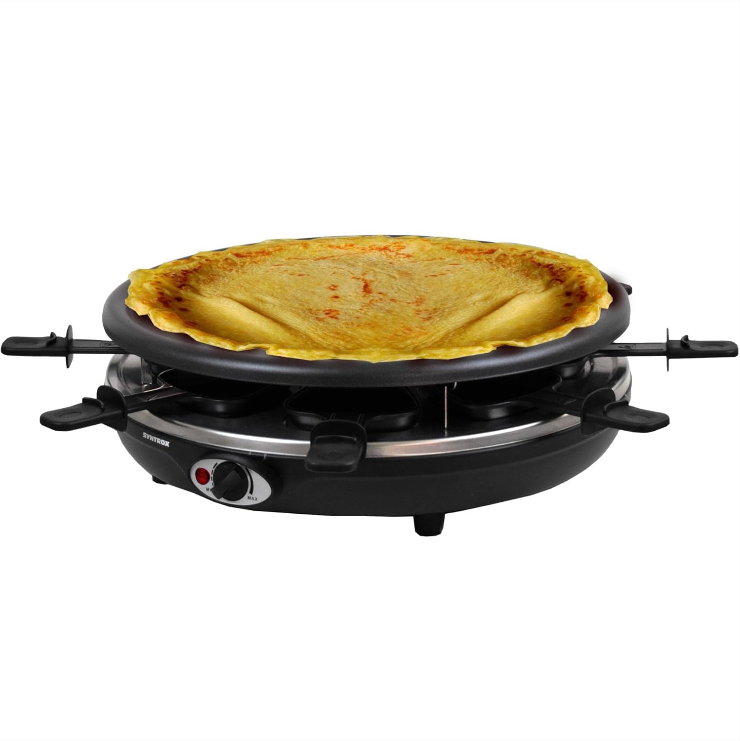Syntrox Germany RAC-1350W-Waadt 4 in 1 Raclette Grill Fondue Heißer Stein für 8 Personen, Edelstahl Design