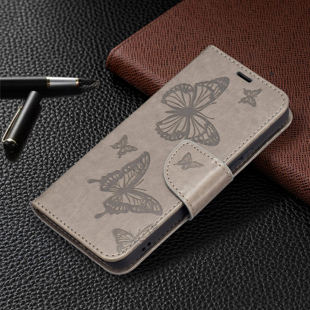 Samsung Galaxy S22 5G Leder Tasche mit Kartenfach   Handschlaufe Schmetterling - Grau