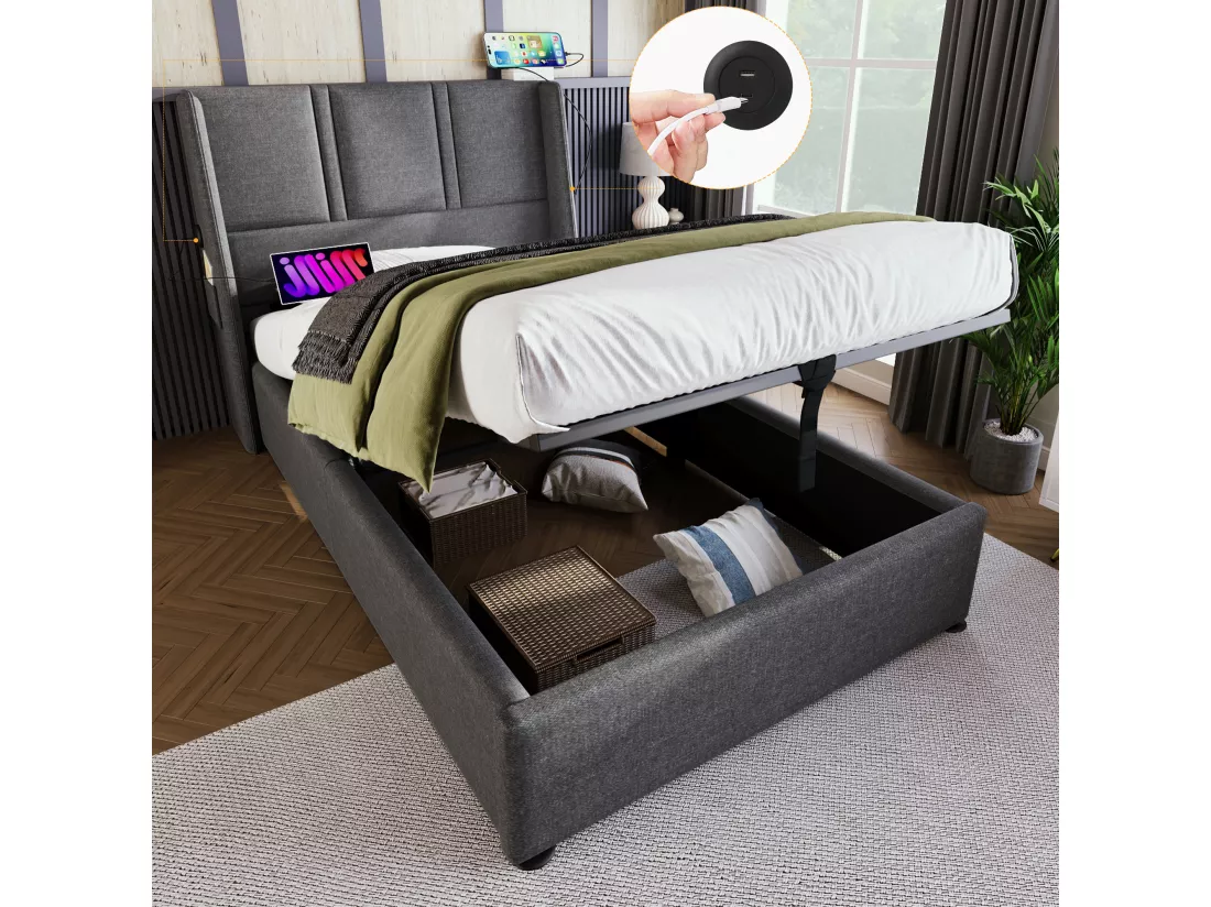 Lit coffre 90 x 200 cm avec tête de lit - Prises USB/Type-C - Tissu en lin - Gris (sans matelas)