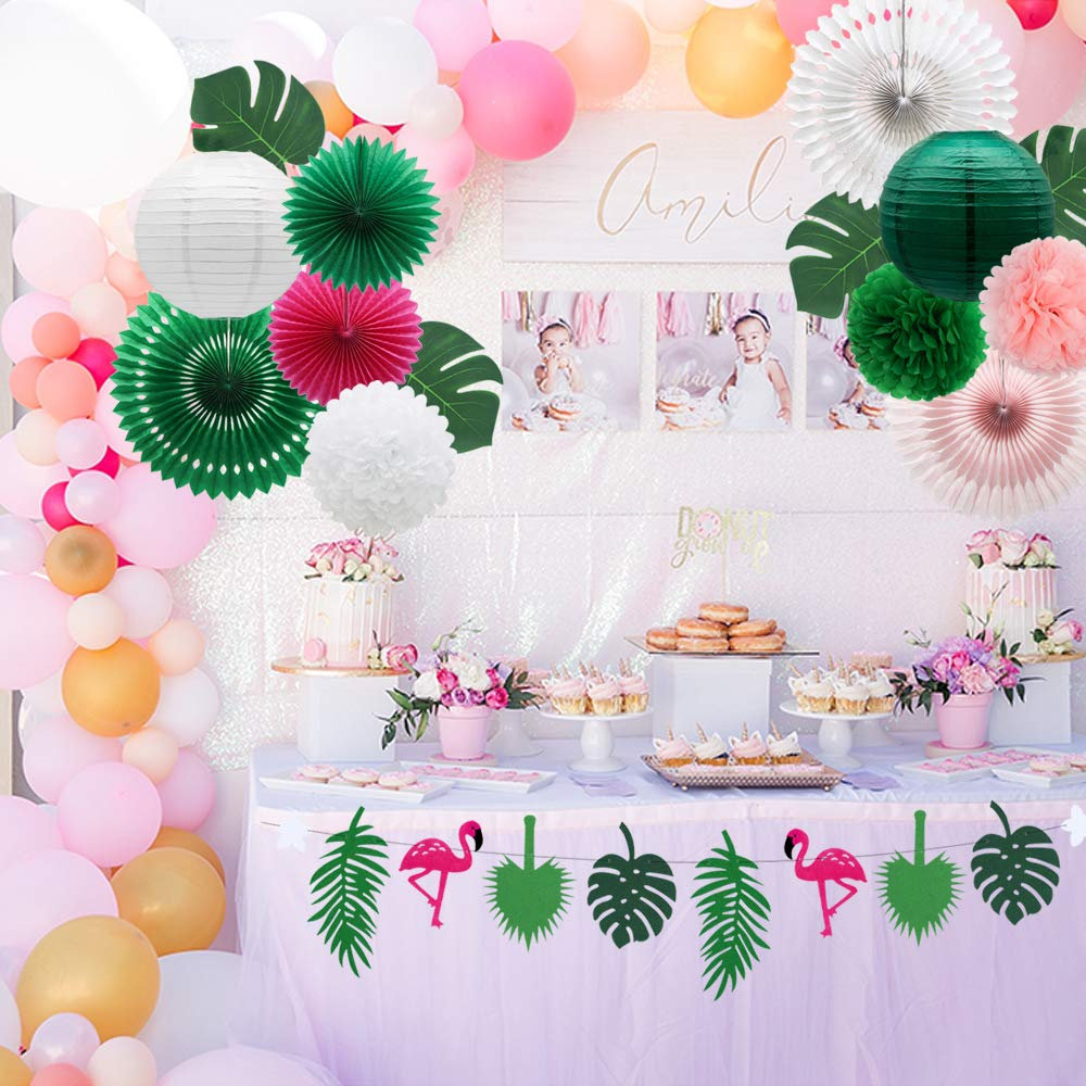 (13-tlg. Set) Sommer Party Dekoration Accessoires Pompon's / Rosetten / Flamingo Girlande / Lampions / Palmenblätter - Tropical Hawaii