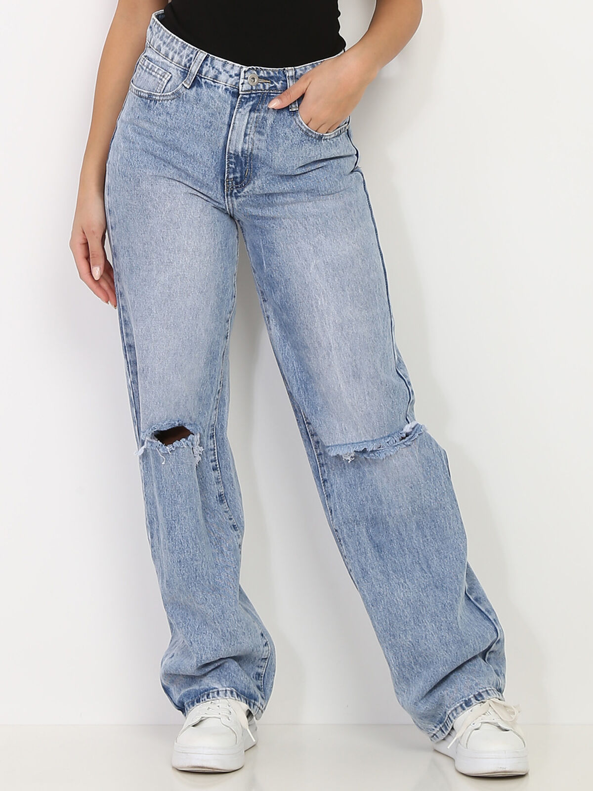 Jeans baggy déchiré aux genoux- Bleu