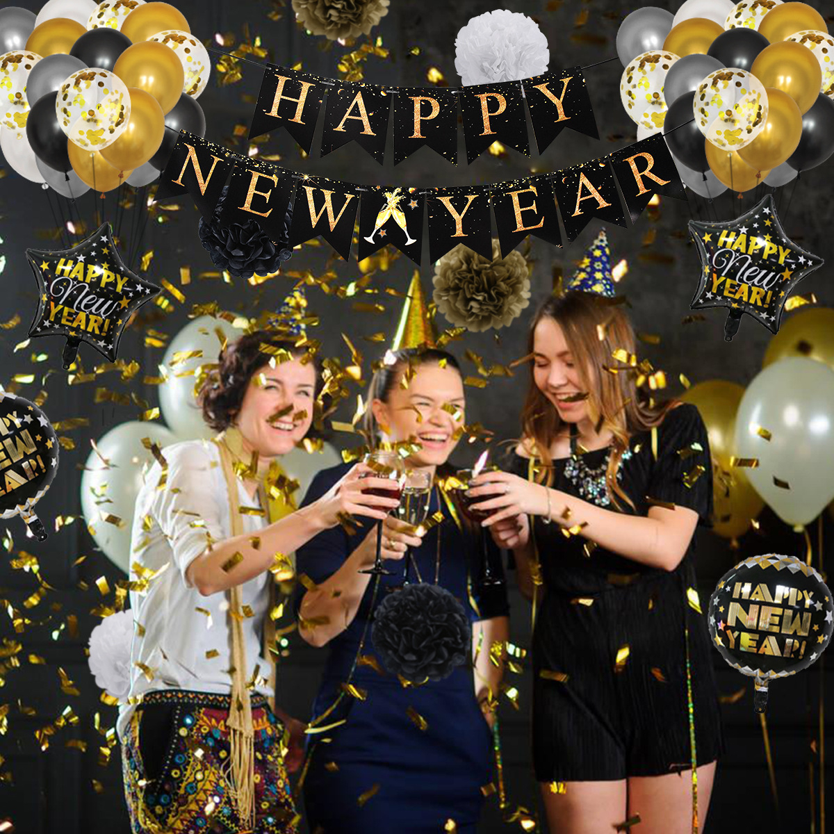 (64-tlg. Set) Happy New Year Girlande Silvester Party Dekoration   Folien Ballons / Latex Luftballons / Quasten Girlande - Gold / Schwarz