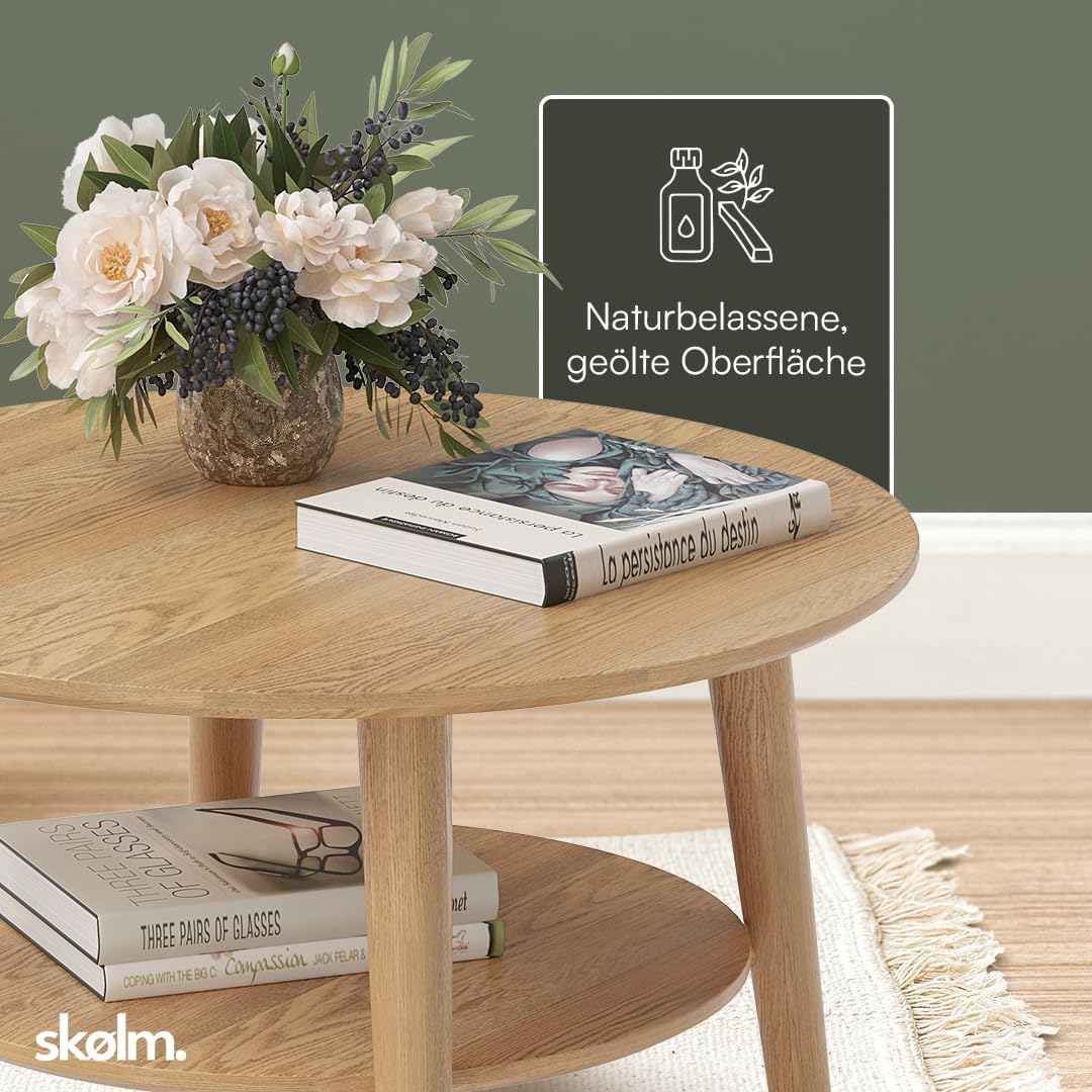 skølm Mjölnir Couchtisch rund Ø70 cm – Wohnzimmertisch aus Eiche Massivholz – Sofatisch mit 2 Ablagen – kleiner Beistelltisch Natur geölt – Holztisch Wohnzimmer mit Stauraum – Coffee Table