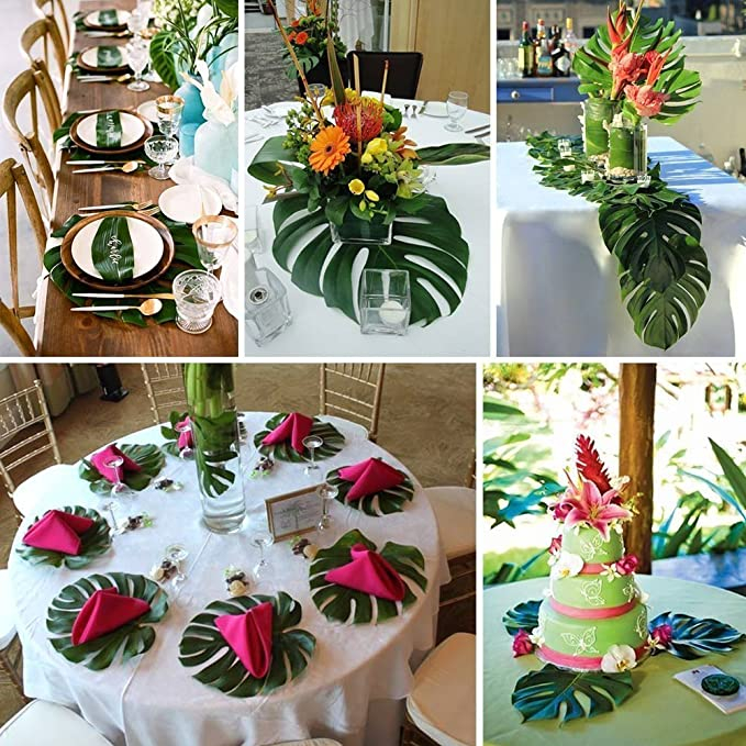 (12er Set) 36x29cm Deko Kunstblätter Tischdekoration Palmenblätter Party Deko - Grün