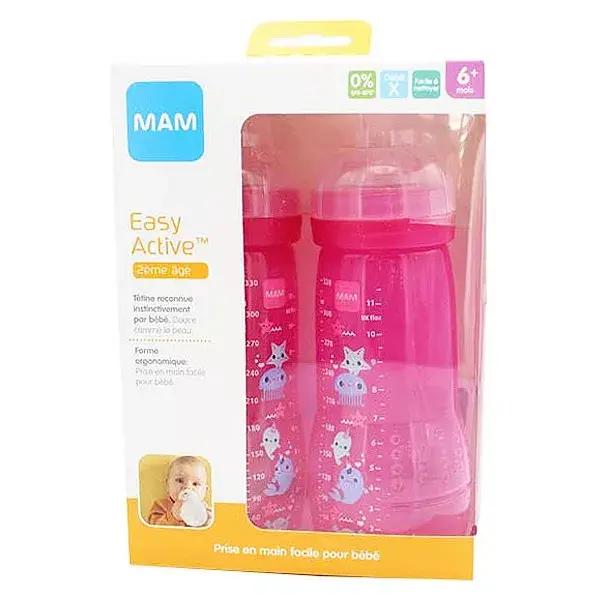 Mamadeira MAM Easy Active X Flow +6m Rosa com Estampa de Animais Marinhos, Pacote com 2 x 330ml