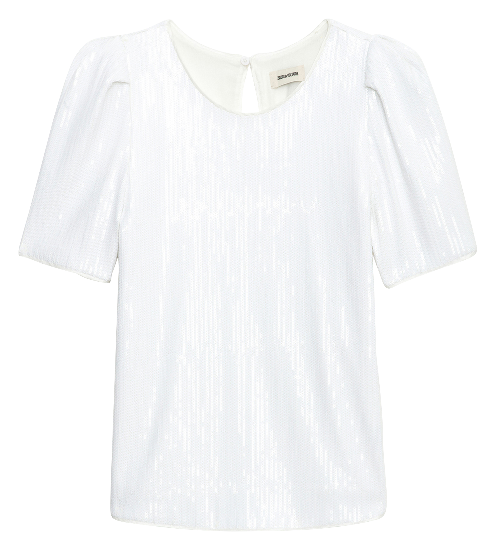 TCHAO - Top col rond à rayures sequins en coton stretch| Blanc