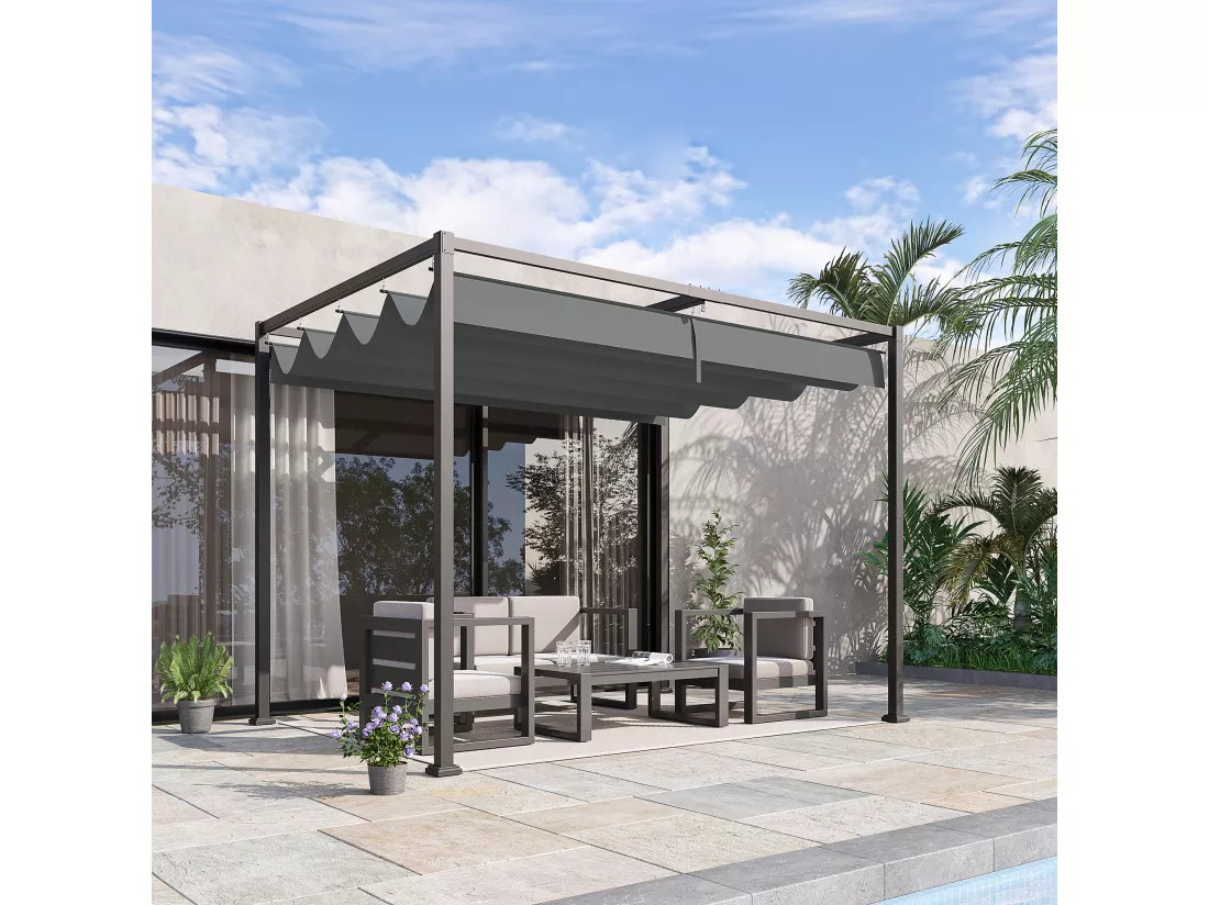 Pergola rétractable 2,98L x 2,13l x 2,22H m structure métal époxy anticorrosion toile polyester haute densité 180 g/m² incluse gris