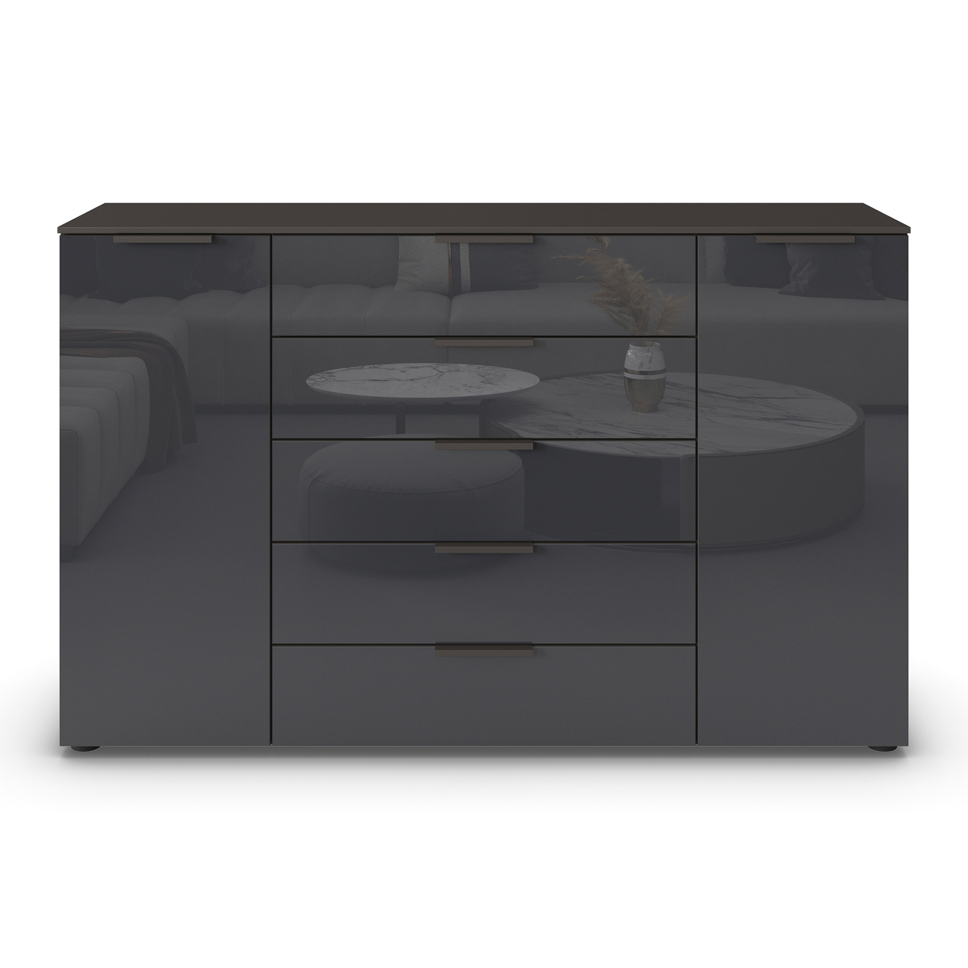 Kommode - graphit-Basaltglas - Graphitgriffe - 160 cm