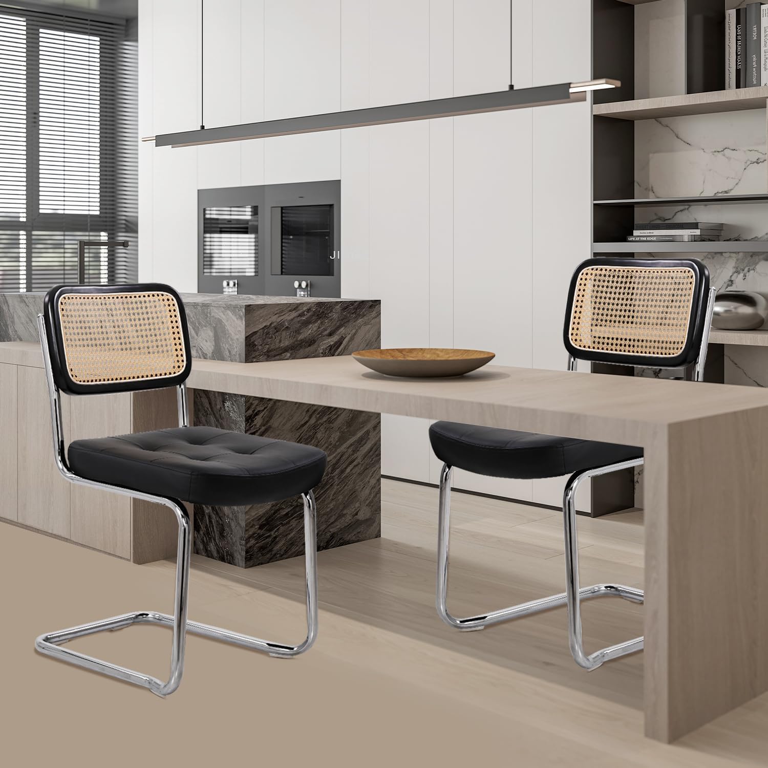 Esszimmerstuhl 2er Freischwinger Stühle Rattan Stühle Schwingstuhl Küchenstuhl Polsterstuhl mit PU Sitzpolster Belastbarkeit 130 Kg für Esszimmer und Esstisch