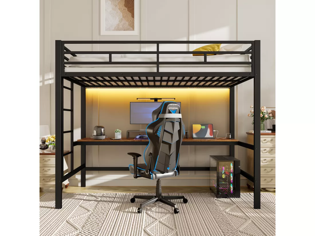 Lit mezzanine garde-corps et escabeau - 90 x 200 cm - avec USB et table - LED - sans matelas - métal - white