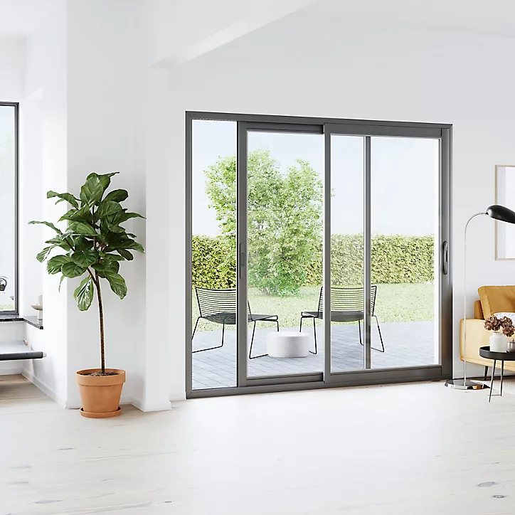 Baie vitrée coulissante alu GoodHome gris - l.180 x h.215 cm - Uw 1,7
