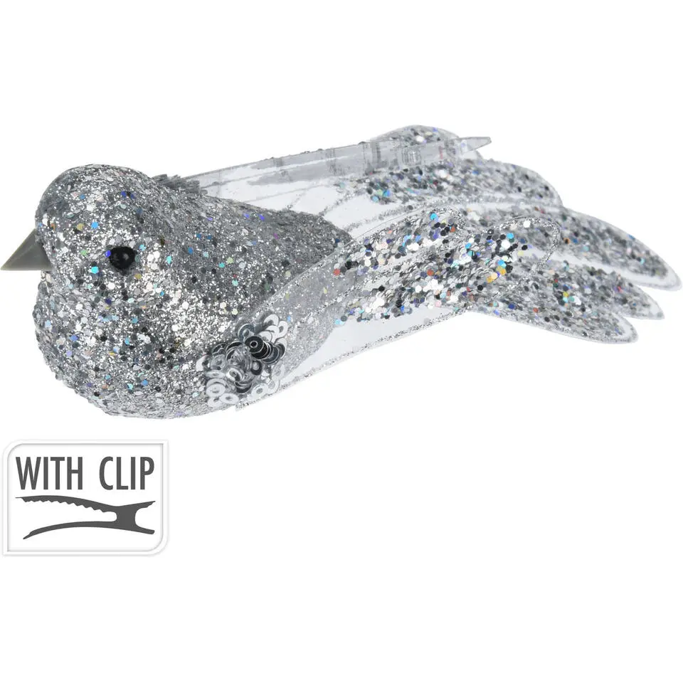 Kerstboomversiering Vogel - 2x stuks - 10 cm - Zilver glitter