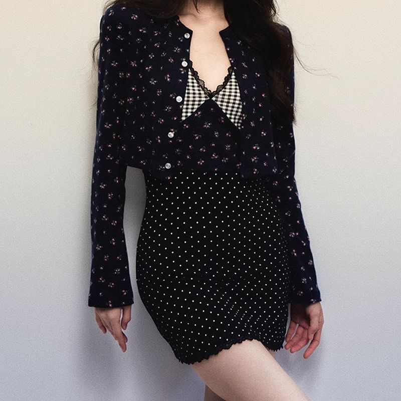 Bolgivy - Set: Mouwloze V-hals printpaneel mini-bodyconjurk met kantversiering + bloemen cropped vest