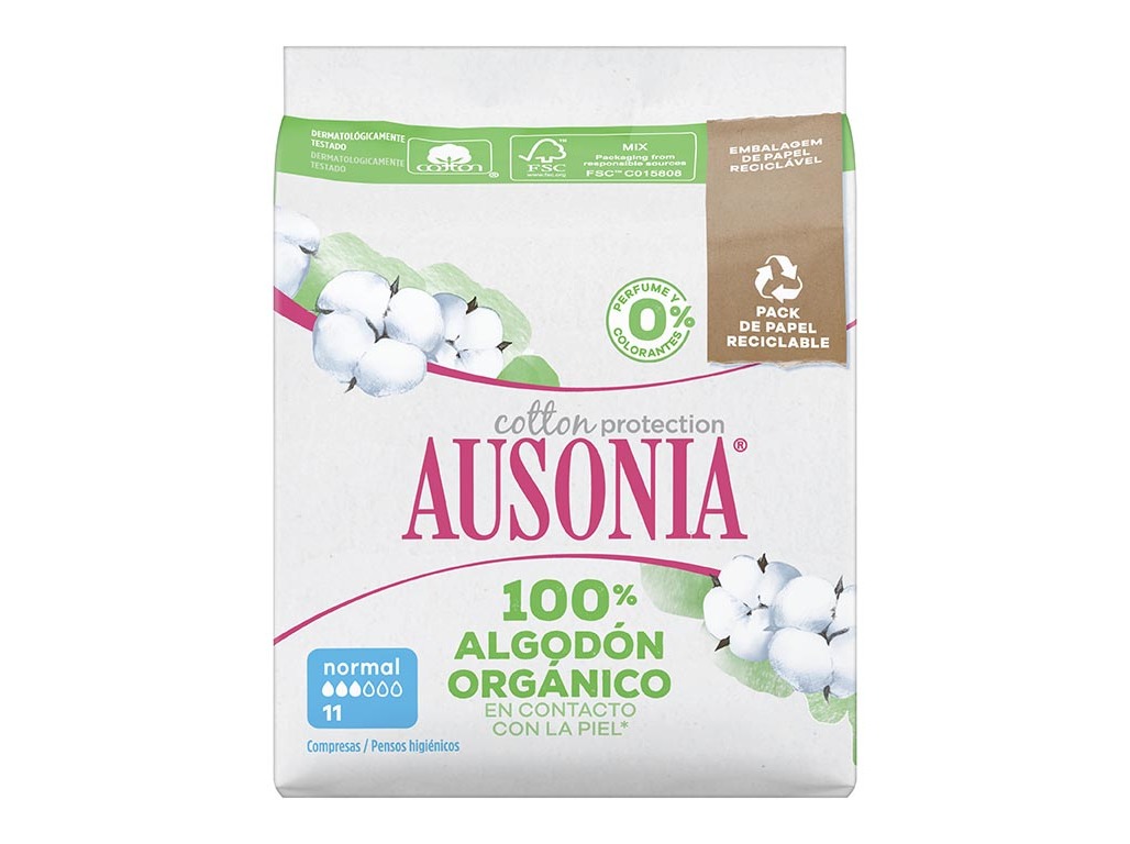 PENSOS HIGIÉNICOS AUSONIA 100% ORGÂNICO NORMAL ALAS 11UN
