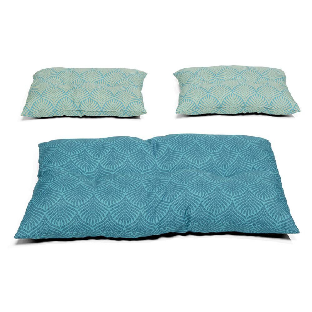 Ensemble de 3 coussins palette polycoton bleu motif feuille de palmier