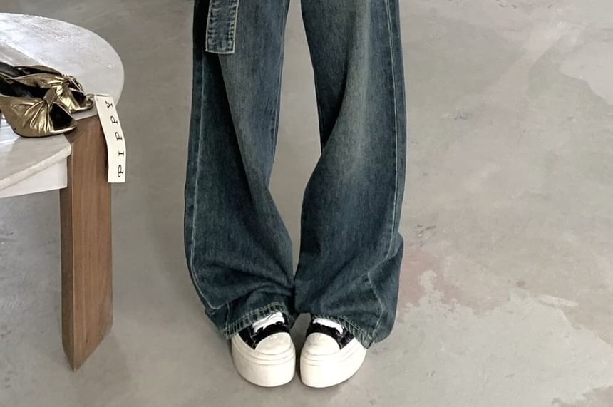 Ragistiq - Mid Waist Washed Wide Leg Jeans