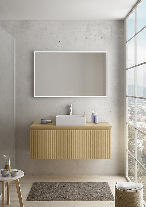 Meuble sous vasque à suspendre Pura placage chêne clair strié 120 cm + Plan de toilette