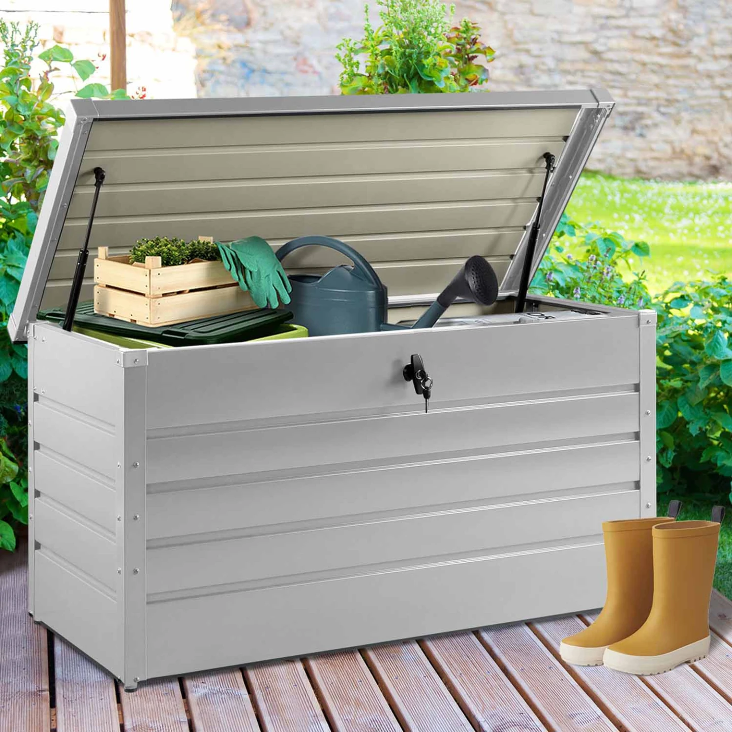 Coffre de rangement métal verrouillable gris clair pour jardin 350L 120x62,5x63 cm