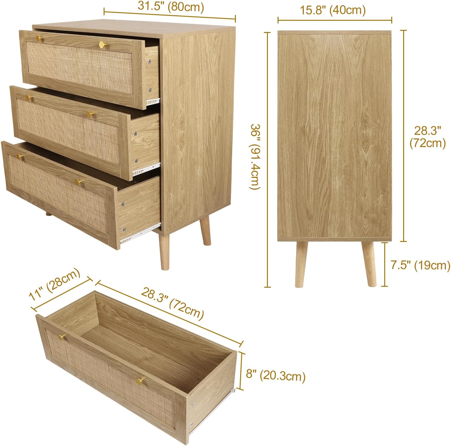 Natürliches Rattan Kommode Schlafzimmer, Kommode mit 3 Schubladen Eiche, Viel Stauraum, Holz Schubladenkommode für Schlafzimmer Wohnzimmer Flur Komodenschrank 80 x 40 x 91.4 cm