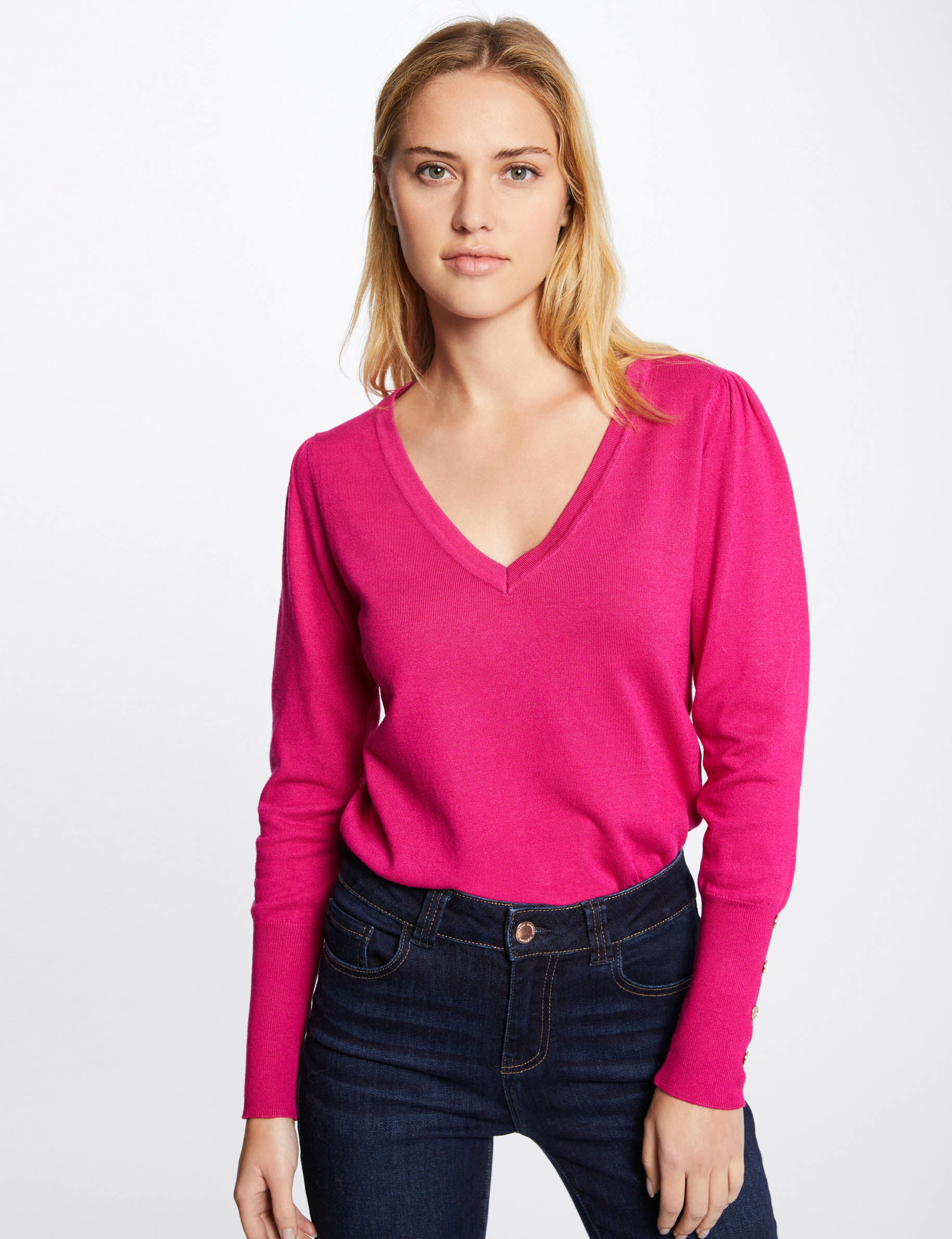 Pull manches longues avec col en V rose fonce femme - rose_fonce