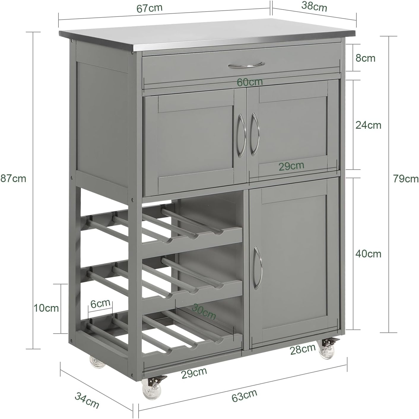SoBuy Servierwagen mit Rollen Küchenwagen mit Arbeitsplatte Rollwagen mit Schubladen, Weinregal Kücheninsel Küchenregal stehend Möbel für Küche, Esszimmer & Outdoor Hellgrau 67x86x38cm FKW45-HG