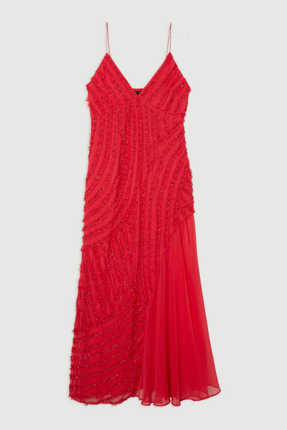KarenMillen Robe Longue Tissée à Bretelles avec Volants et Ornements